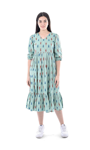 Pastel Green Floral Cotton Fit & Flared Maxi Dress For Women & Girls