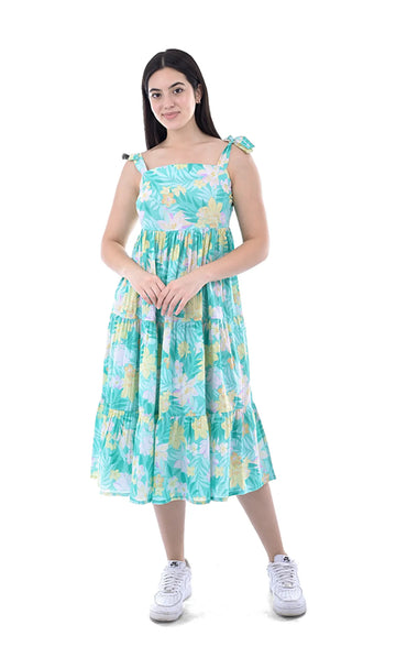 Green Fit and Flare Dress For Women — Floral Printed Pure Cotton