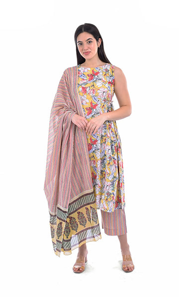 Beige Straight Kurta Pant & Dupatta Set For Women — Floral Printed Pure Cotton