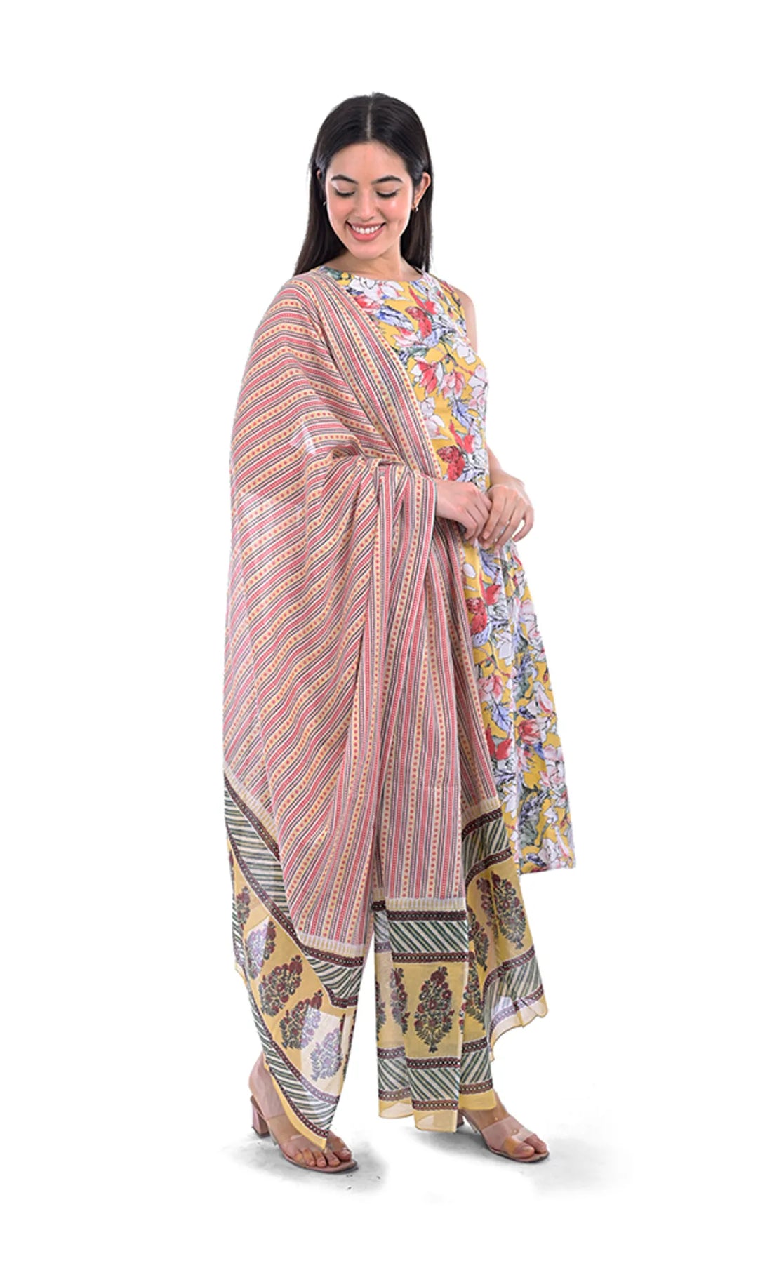 Beige Straight Kurta Pant & Dupatta Set For Women — Floral Printed Pure Cotton
