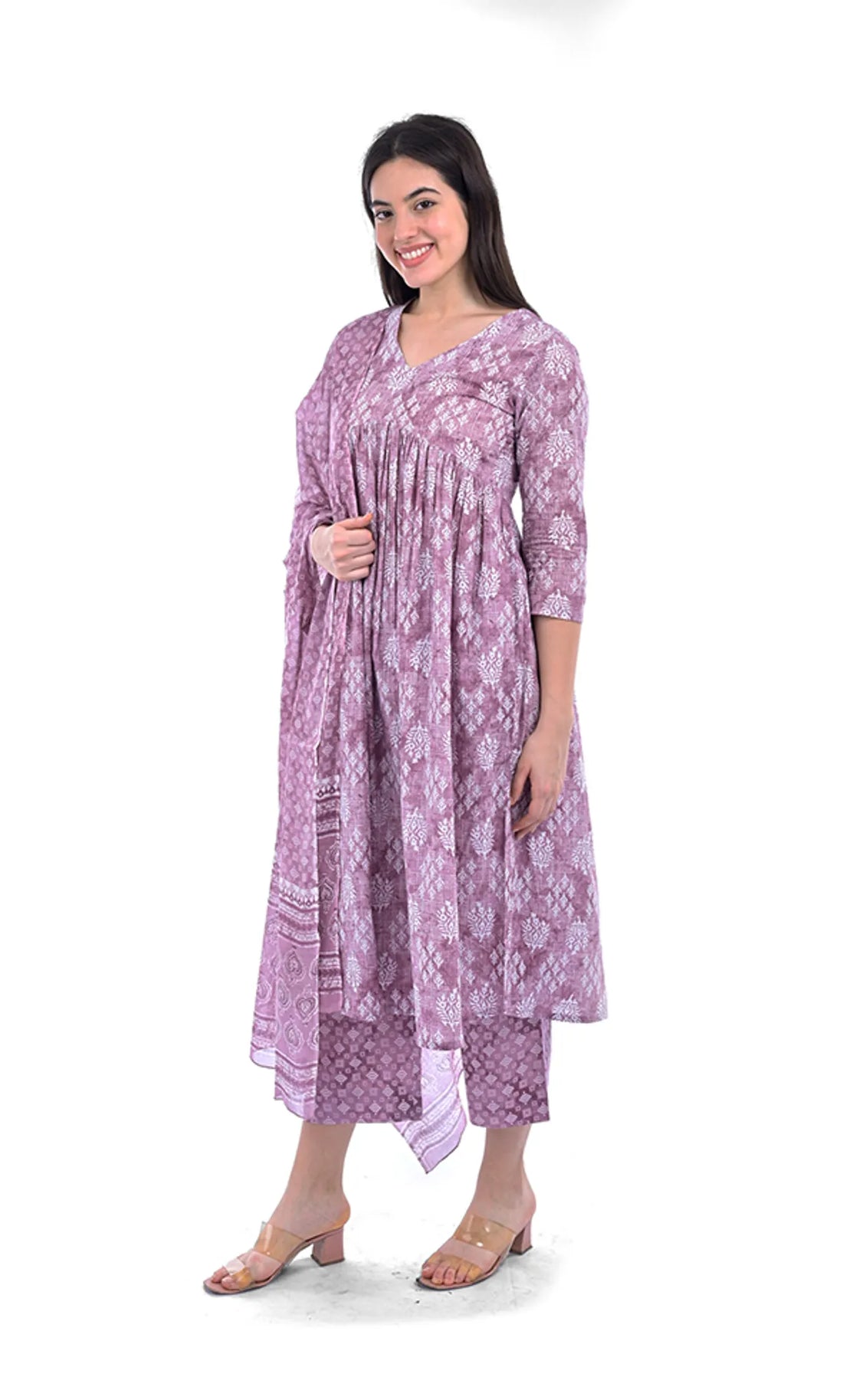 Mauve Straight Kurta Pant & Dupatta Set For Women — Floral Printed Pure Cotton Three-Piece Ethnic Set