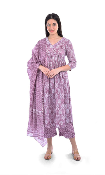Mauve Straight Kurta Pant & Dupatta Set For Women — Floral Printed Pure Cotton Three-Piece Ethnic Set