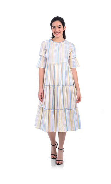 White Stripes Viscose Fit & Flared Dress For Women & Girls