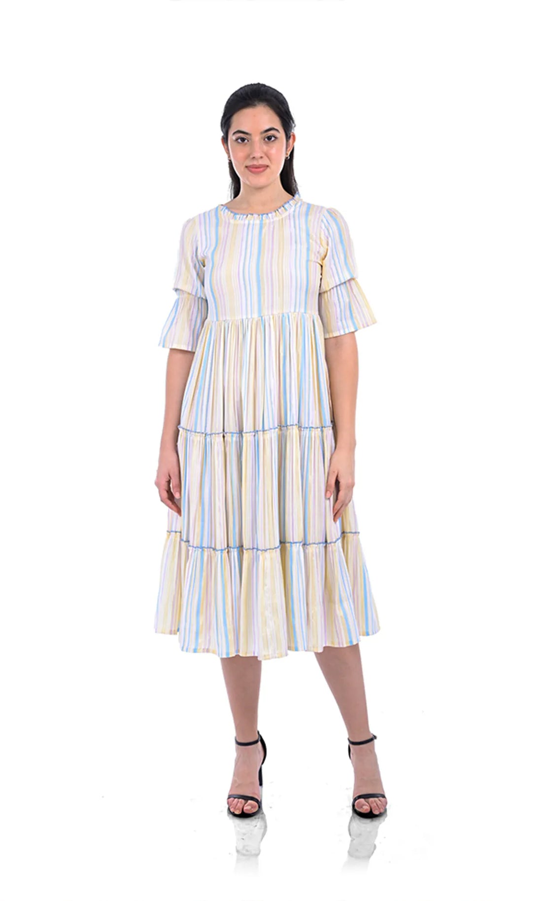 White Stripes Viscose Fit & Flared Dress For Women & Girls
