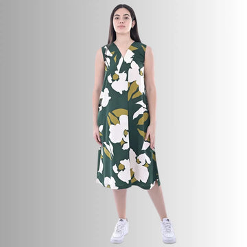 Green Straight Dress For Women – Floral Printed Crepe Design