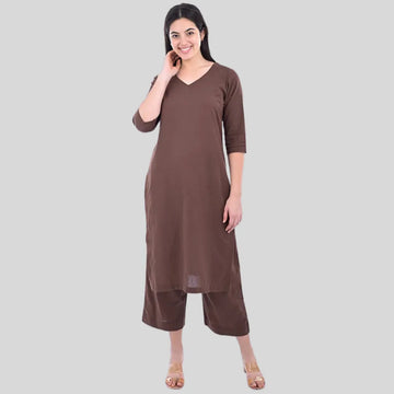 Brown A‑Line Kurta Pant Set For Women — Solid Khadi Cotton Ethnic Outfit