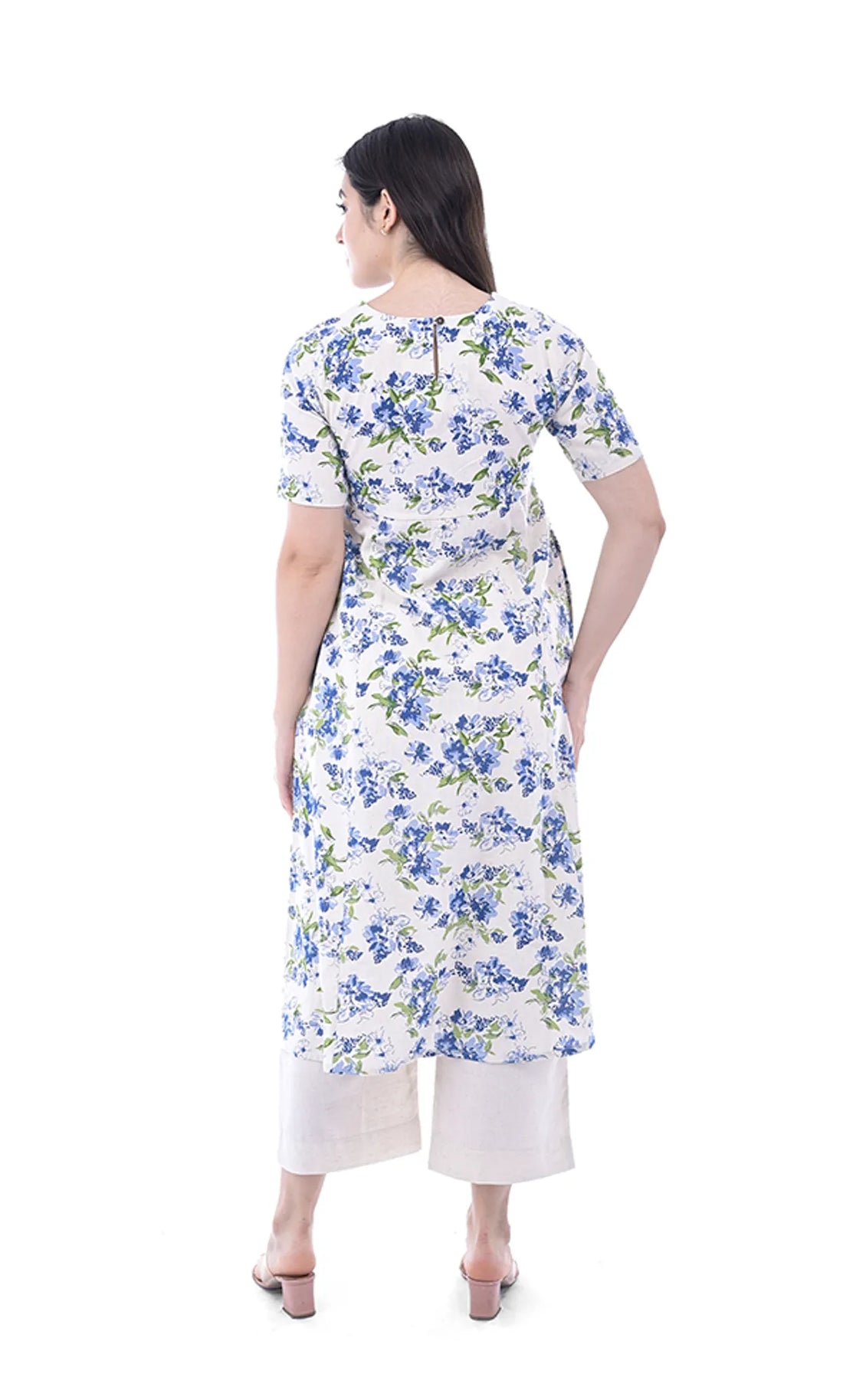 Beige Floral Printed Cotton Flax A‑Line Dress For Women & Girls