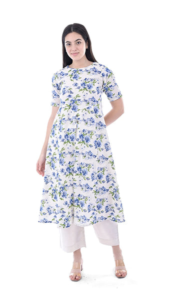 Beige Floral Printed Cotton Flax A‑Line Dress For Women & Girls