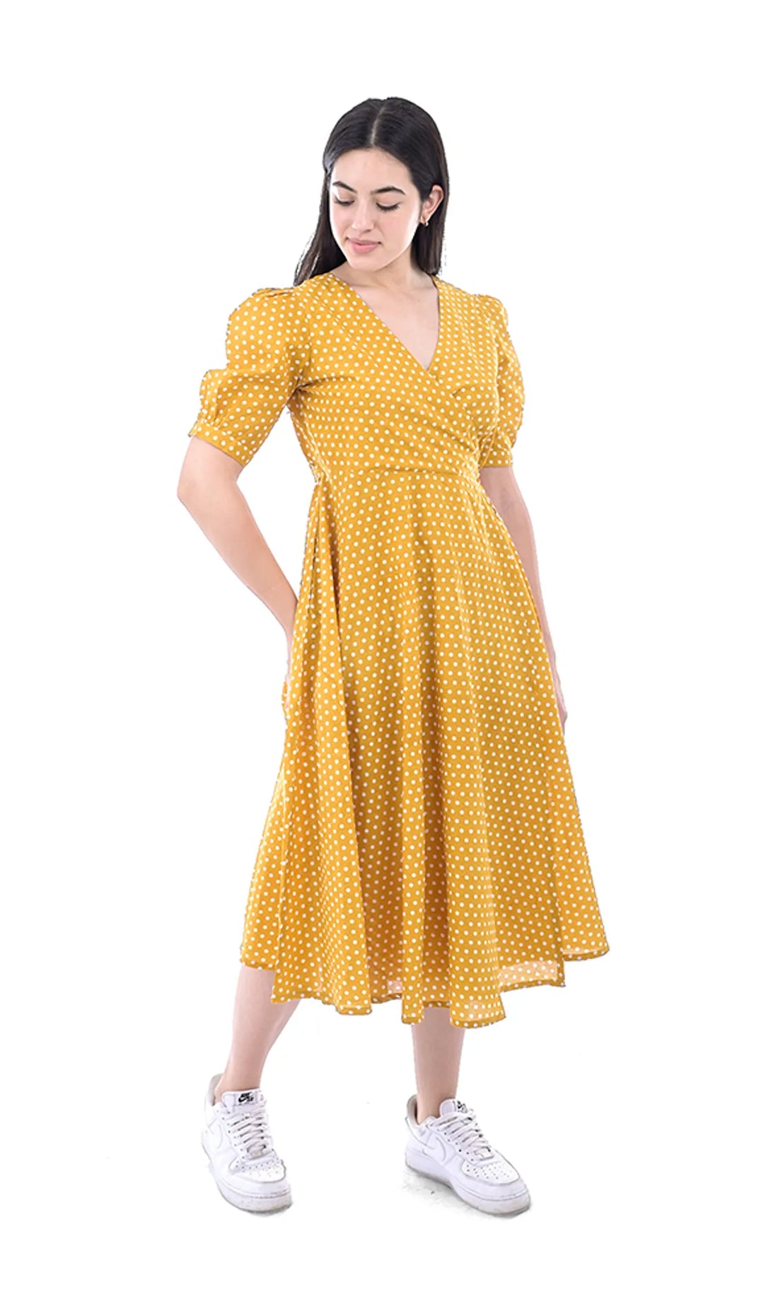 Mustard Fit & Flare Dress For Women — Polka Dot Pure Cotton
