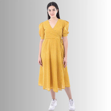 Mustard Fit & Flare Dress For Women — Polka Dot Pure Cotton